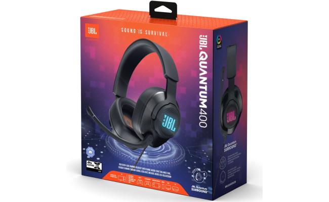 JBL Quantum 400 - USB over-ear gaming headset with game-chat balance dial, JBL QuantumSURROUND and DTS, Voice focus directional flip-up mic and memory foam ear cushions - Black